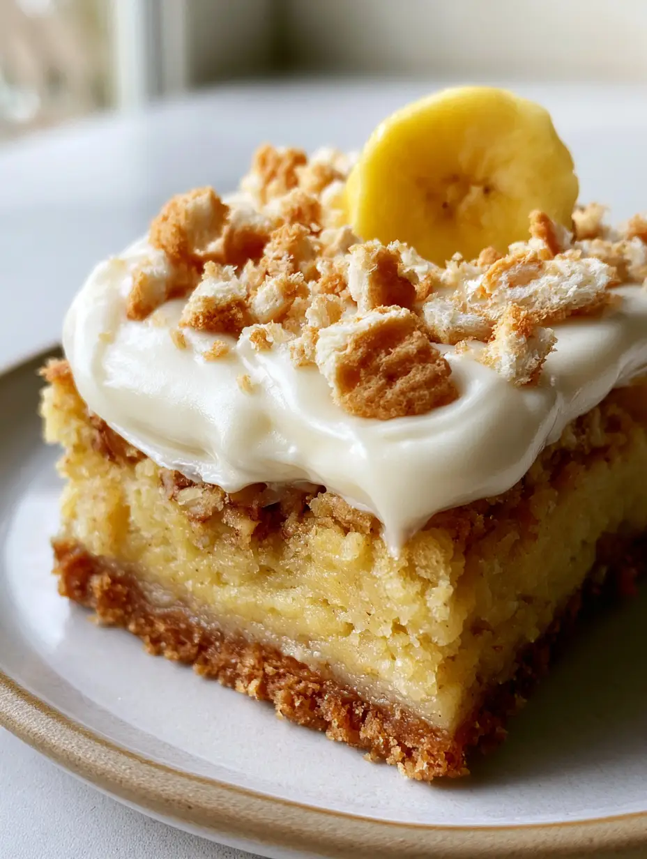Banana Pudding Brownies: The Ultimate Fudgy Southern Dessert 3 Extreme close-up of a fudgy banana pudding brownie showing the layered cookie crust and velvet glaze. (banana pudding brownies)
