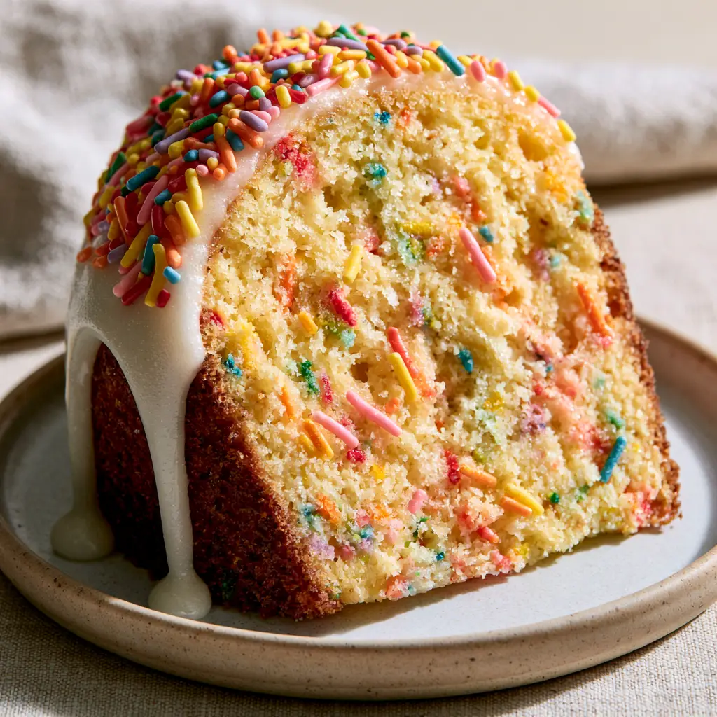 A side view of the funfetti loaf cake highlighting the opaque white sugar glaze drips down the side.