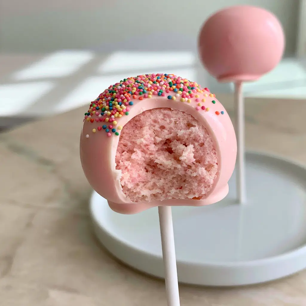 Two pink Starbucks Cake Pops on a white ceramic platter with rainbow sprinkles and crack-free shells.