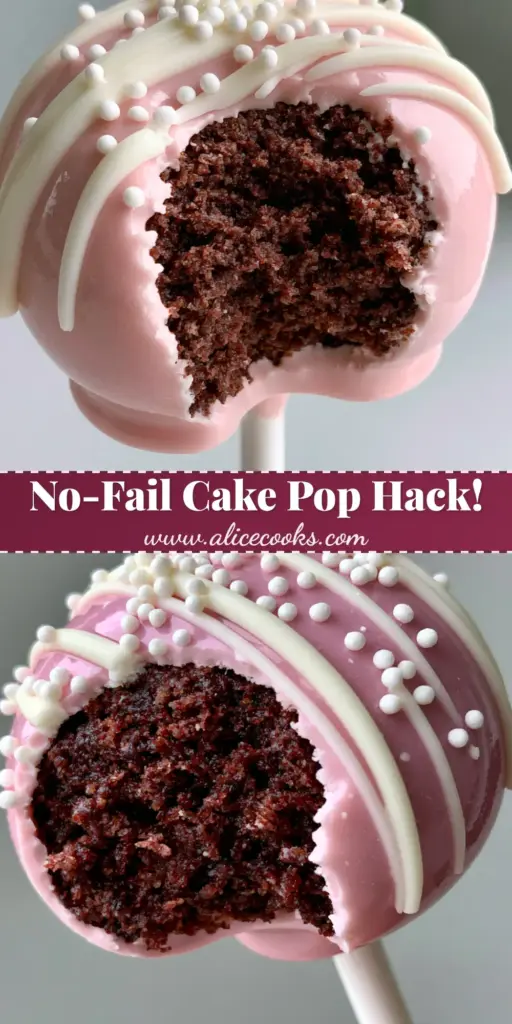 A close-up vertical shot of a perfect Easy Cake Pop with a glossy baby-pink shell, white drizzle, and sprinkles.