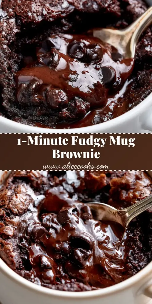 A vertical Pinterest graphic showing a Microwave brownie in a white mug with a molten chocolate center and sea salt.