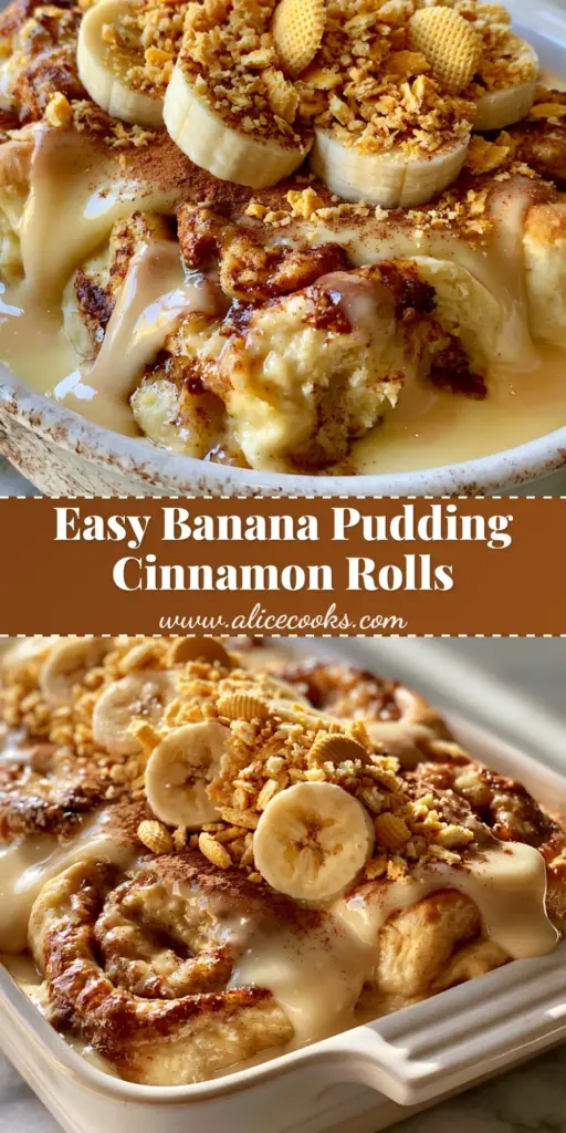 A top-down view of freshly baked banana pudding cinnamon rolls in a ceramic dish topped with Nilla wafers and banana slices.