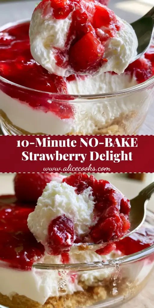 A side view of Strawberry Delight in a clear glass dish featuring layers of graham cracker crust, white cream cheese, and glossy red strawberry glaze with a mint garnish.