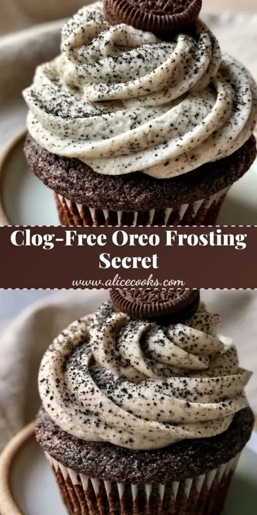 A tall, flawlessly smooth swirl of Oreo frosting on a chocolate cupcake, garnished with a mini Oreo cookie and fine cookie dust.