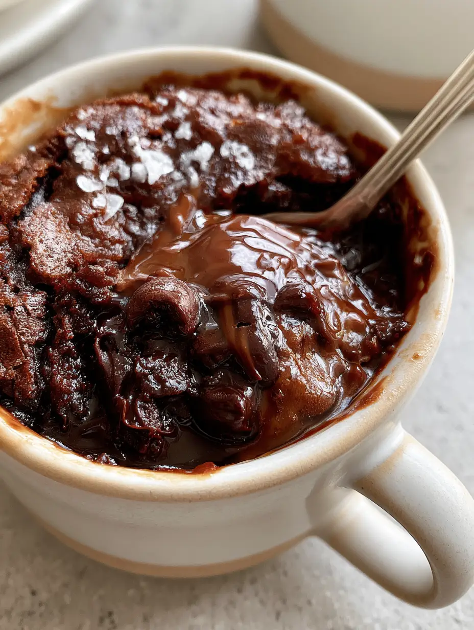 Macro photo of a Microwave brownie with a spoon scooping the gooey molten interior.