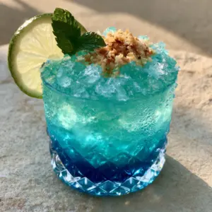 Close-up of a tropical blue caribbean cocktail showing the translucent turquoise rum layer and crushed ice. (tropical blue caribbean cocktail)