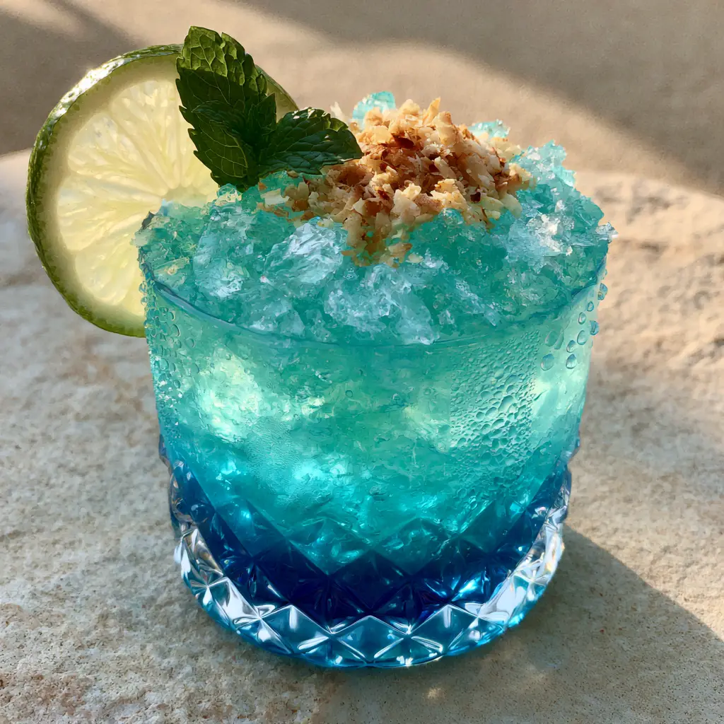 Close-up of a tropical blue caribbean cocktail showing the translucent turquoise rum layer and crushed ice. (tropical blue caribbean cocktail)