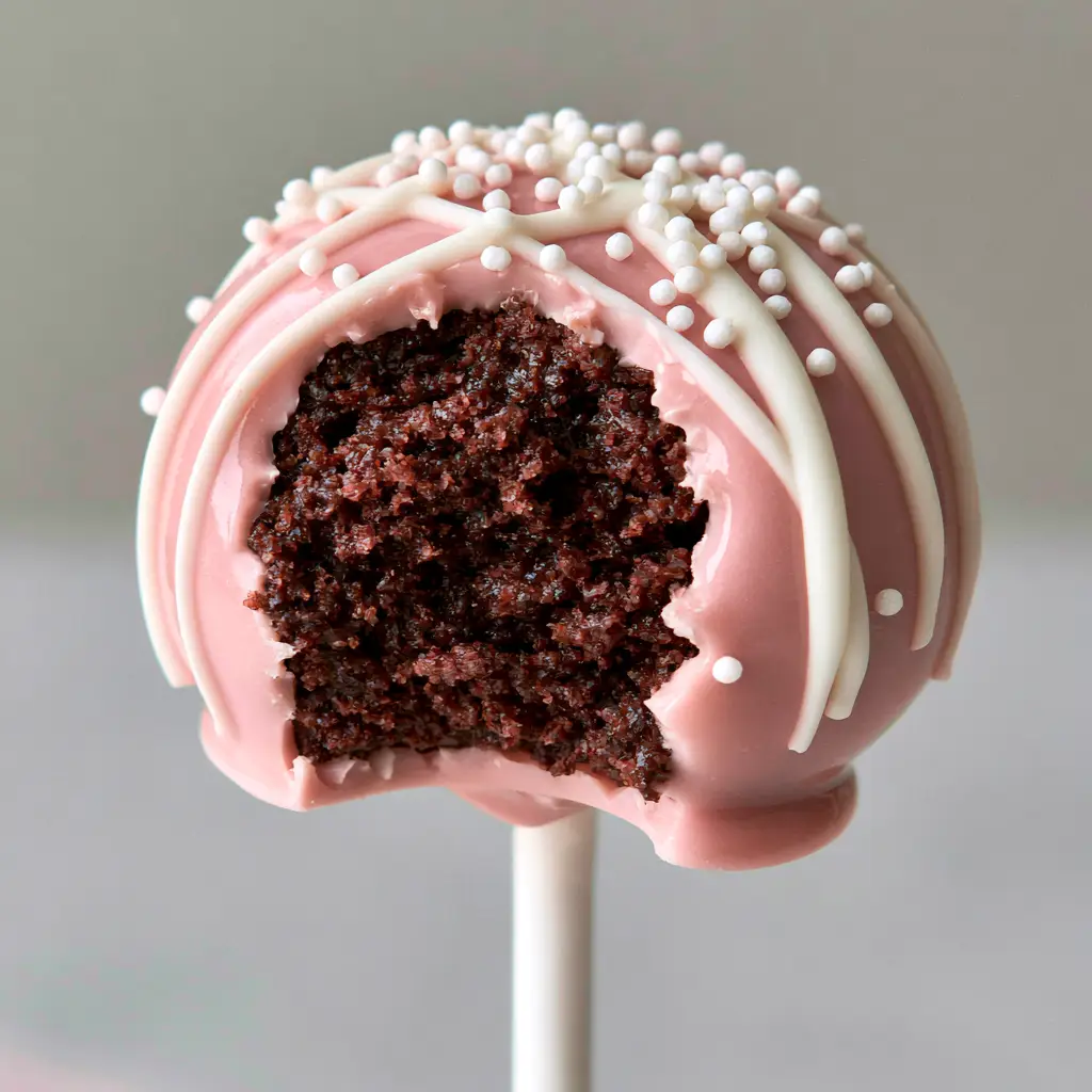 A perfect, smooth pink cake pop held against a neutral background with elegant white chocolate decoration.