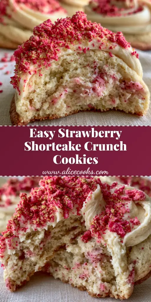 A stack of bakery-style strawberry shortcake cookies with pink frosting swirls and crunch topping.