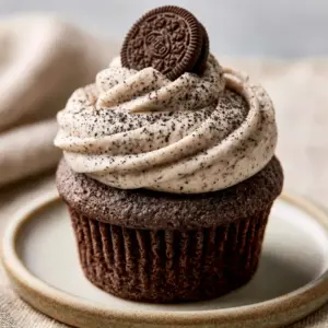 Close up of cookies and cream buttercream with microscopic Oreo specks and a mini Oreo garnish on a ceramic plate. (Oreo frosting)