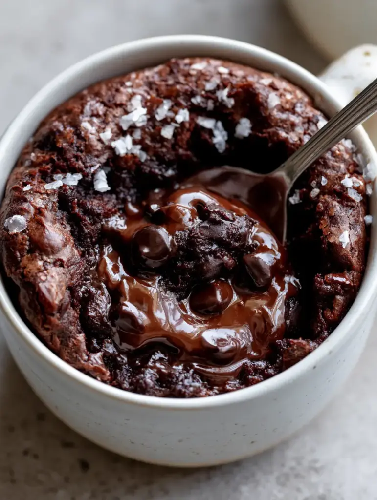 A crackly-top Microwave brownie sprinkled with flaky sea salt in a minimalist ceramic mug.