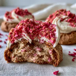 Handheld photo of a broken strawberry shortcake cookie showing the moist soft interior crumb and pink flecks.