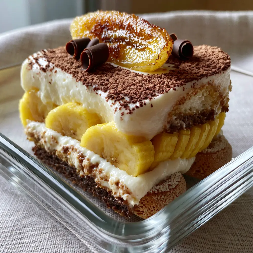 Banana Pudding Tiramisu: The Ultimate Southern-Italian Fusion Dessert 1 A top-down view of banana pudding tiramisu dusted with cocoa powder and dark chocolate curls.