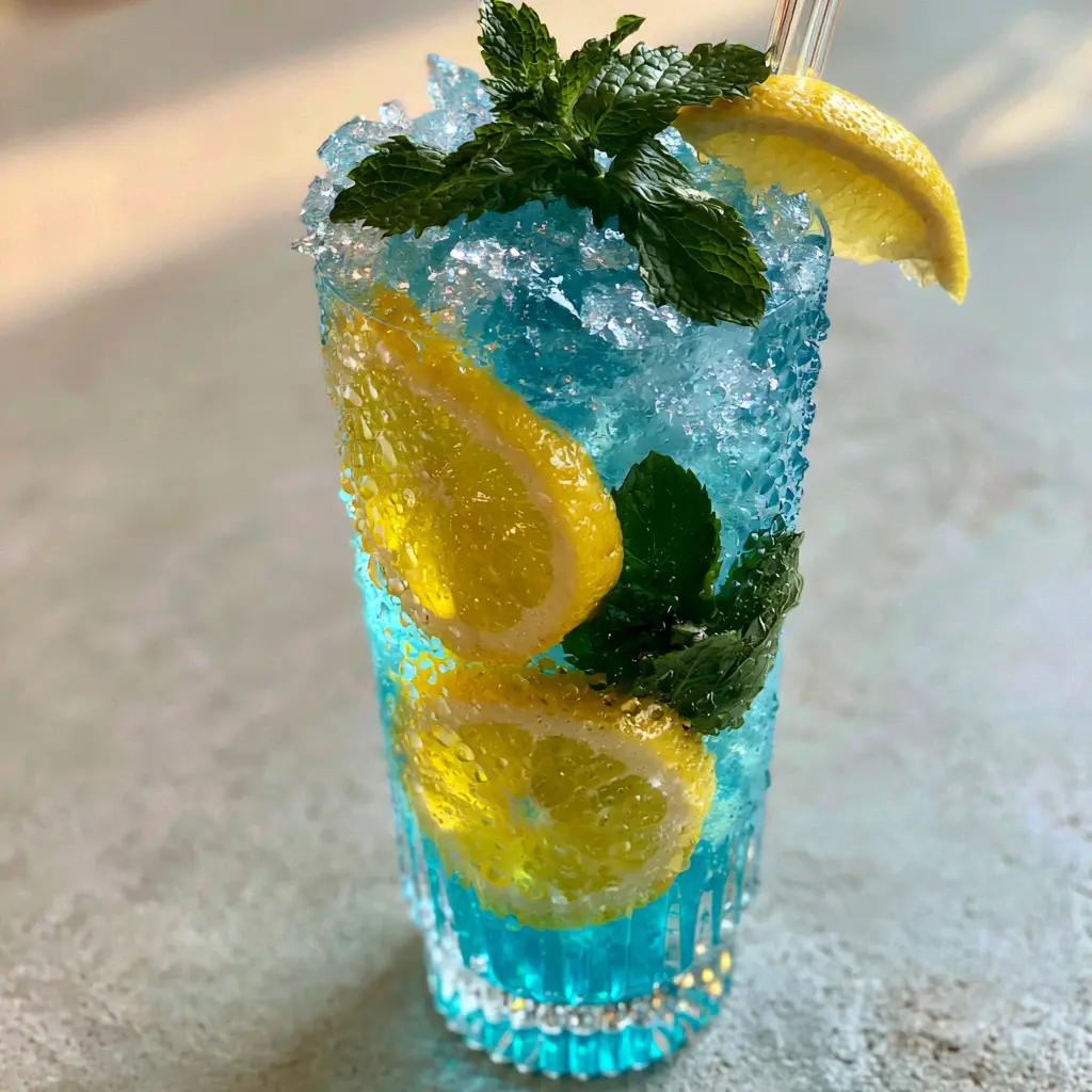 Top down view of a blue curacao cocktail with a lush mint sprig and clear glass straw.
