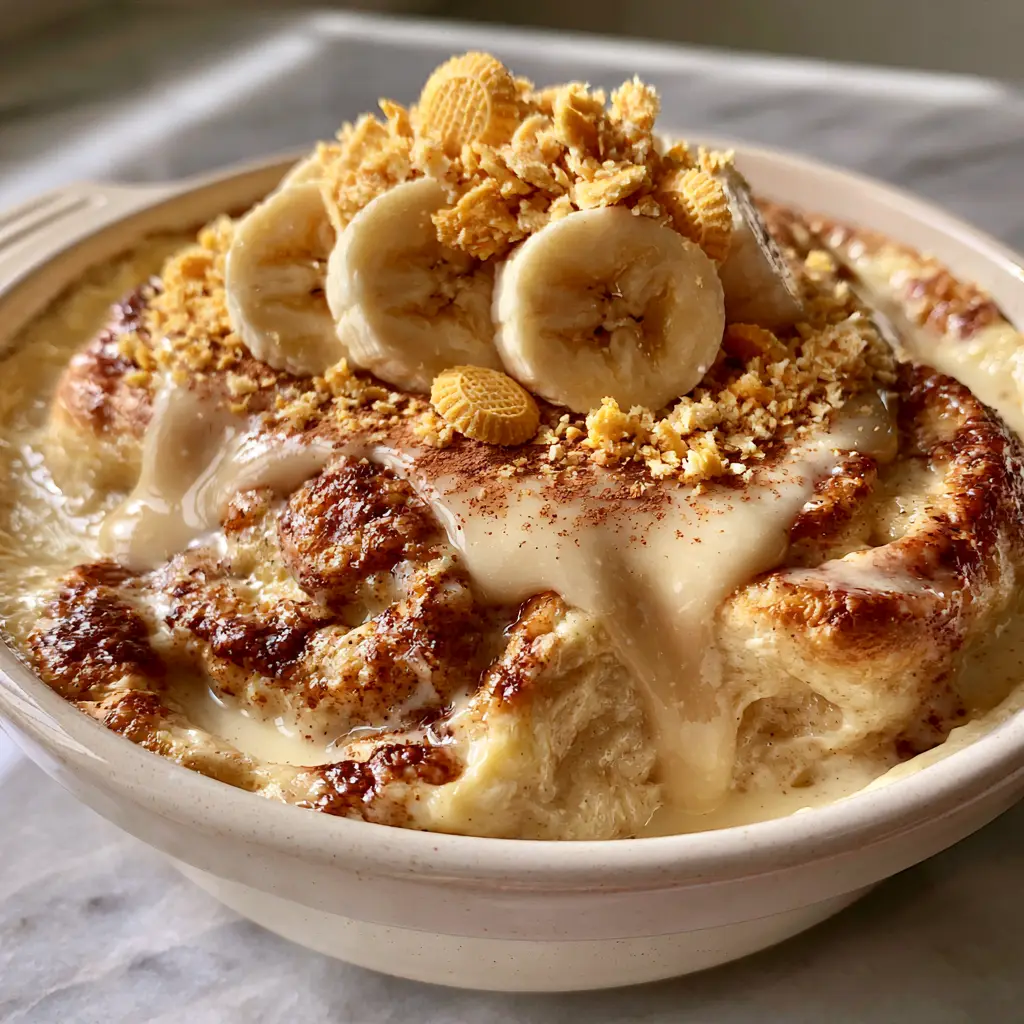 Close up of banana pudding cinnamon rolls topped with fresh banana wheels and crushed Nilla wafers.