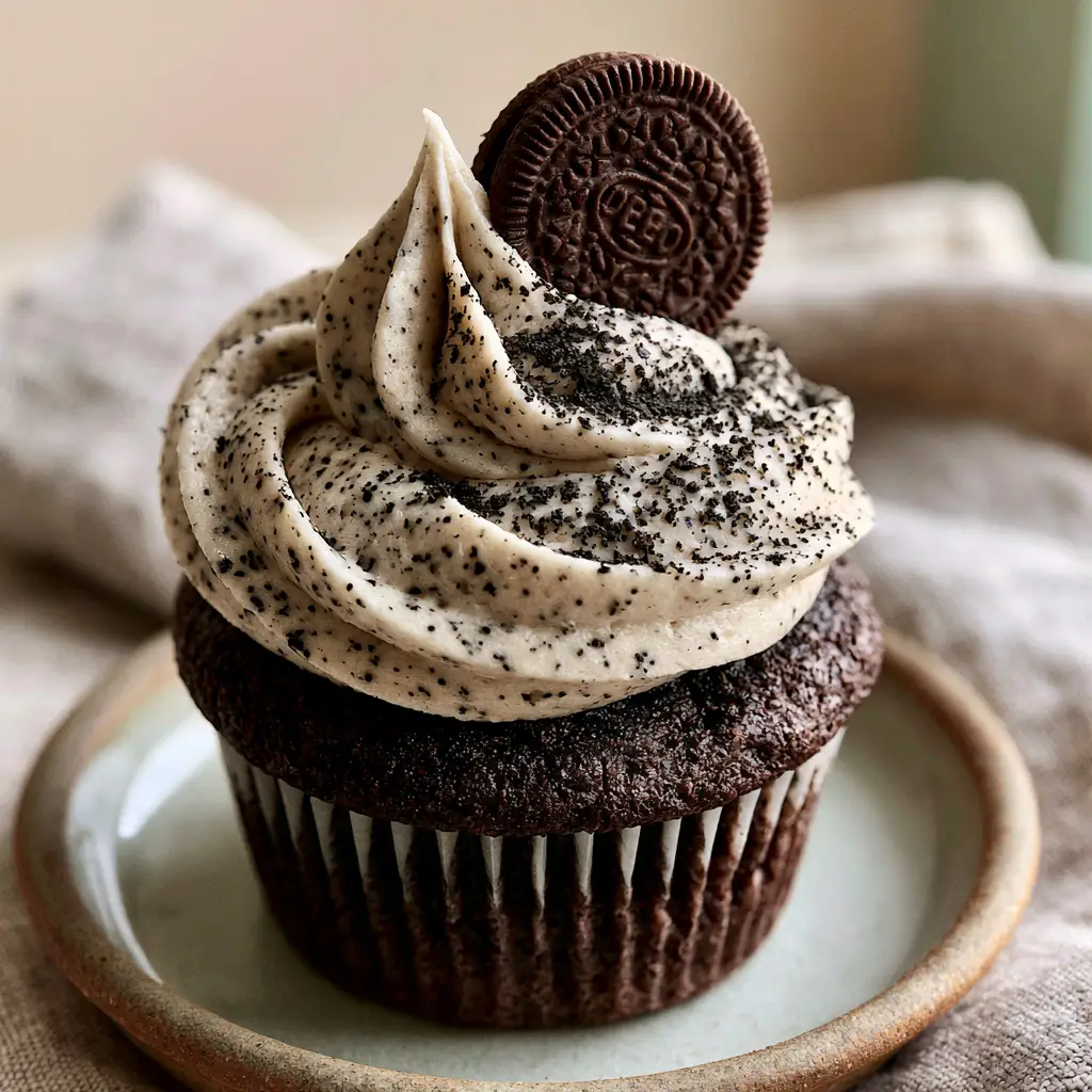 Velvety Oreo frosting piped in a tall swirl on a rich chocolate cupcake, showing the microscopic cookie dust texture.