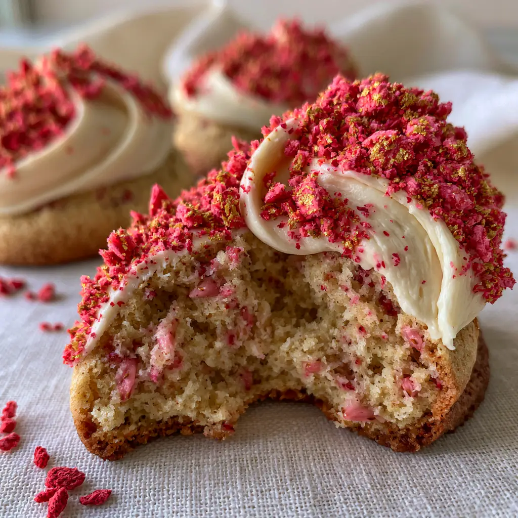 Close up of strawberry shortcake cookies with velvety cream cheese frosting swirls and vibrant pink crunch.