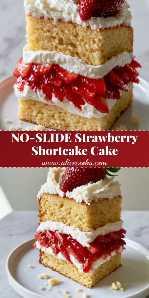 A vertical slice of strawberry shortcake layer cake showing three golden sponge layers and 1-inch thick stable cream ribbons with glazed strawberries.