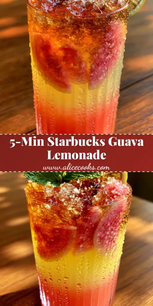 A tall ribbed glass showing layers of coral-pink guava, yellow lemonade, and amber white tea with crushed ice and mint. (Guava White Tea Lemonade)