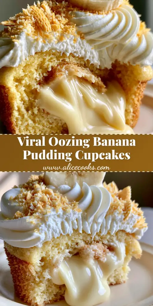 A gourmet banana pudding cupcake sliced in half with vanilla pudding oozing out, topped with whipped cream and a Nilla wafer. (banana pudding cupcakes)