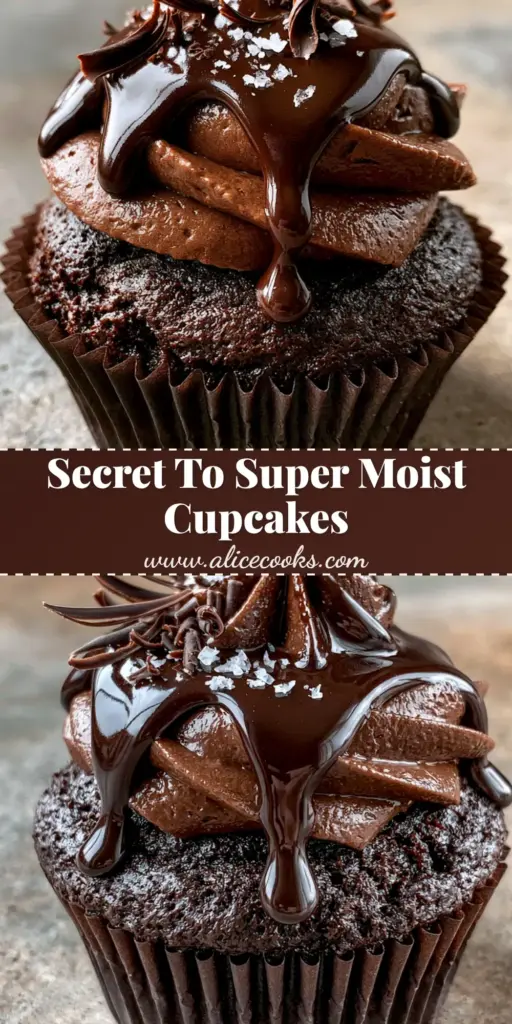 Moist Chocolate Cupcakes with Dark Chocolate Ganache and Sea Salt 4 A close-up vertical shot of a moist chocolate cupcake with high swirled chocolate frosting and glossy ganache drizzle. (moist chocolate cupcakes)