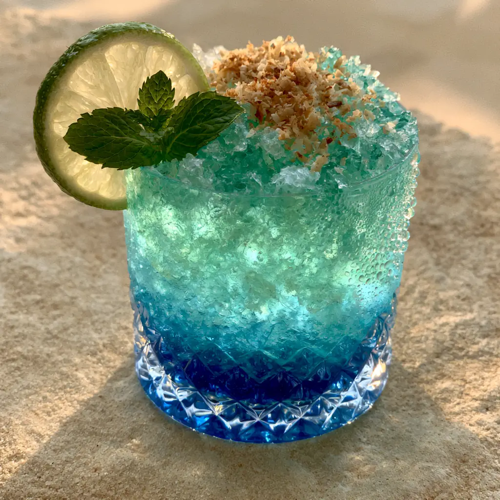 Handheld photo of the tropical blue caribbean cocktail on a sandy stone surface with mint and lime garnish.