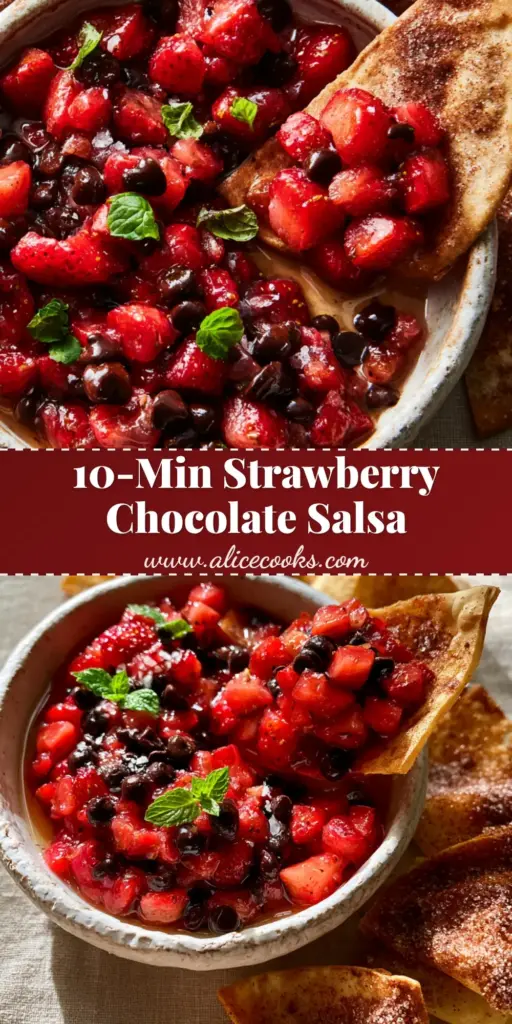A close-up vertical shot of Strawberry Chocolate Chips and Salsa in a white bowl with cinnamon sugar chips being dipped into the glossy fruit mixture.