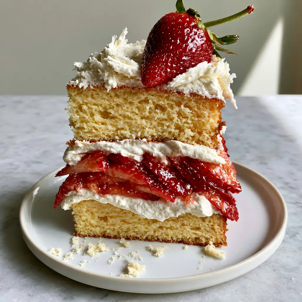Side view of strawberry shortcake layer cake highlighting the 1-inch thick snow-white whipped cream layers and bright red fruit.