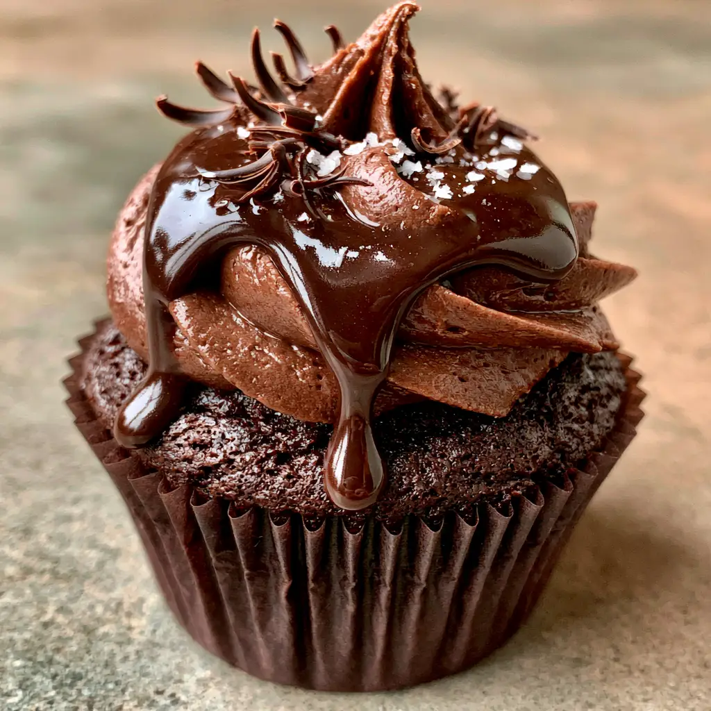 Moist Chocolate Cupcakes with Dark Chocolate Ganache and Sea Salt 2 Handheld photo showing a single bakery-style dark cocoa cupcake on a neutral concrete surface. (moist chocolate cupcakes)