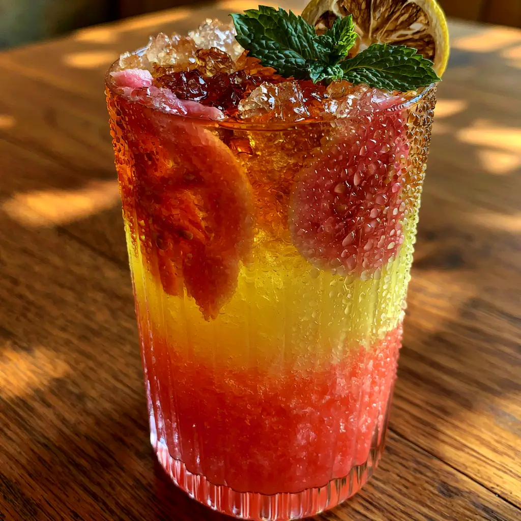 Close up photo of a Guava White Tea Lemonade with glistening condensation droplets and fresh guava slices. (Guava White Tea Lemonade)