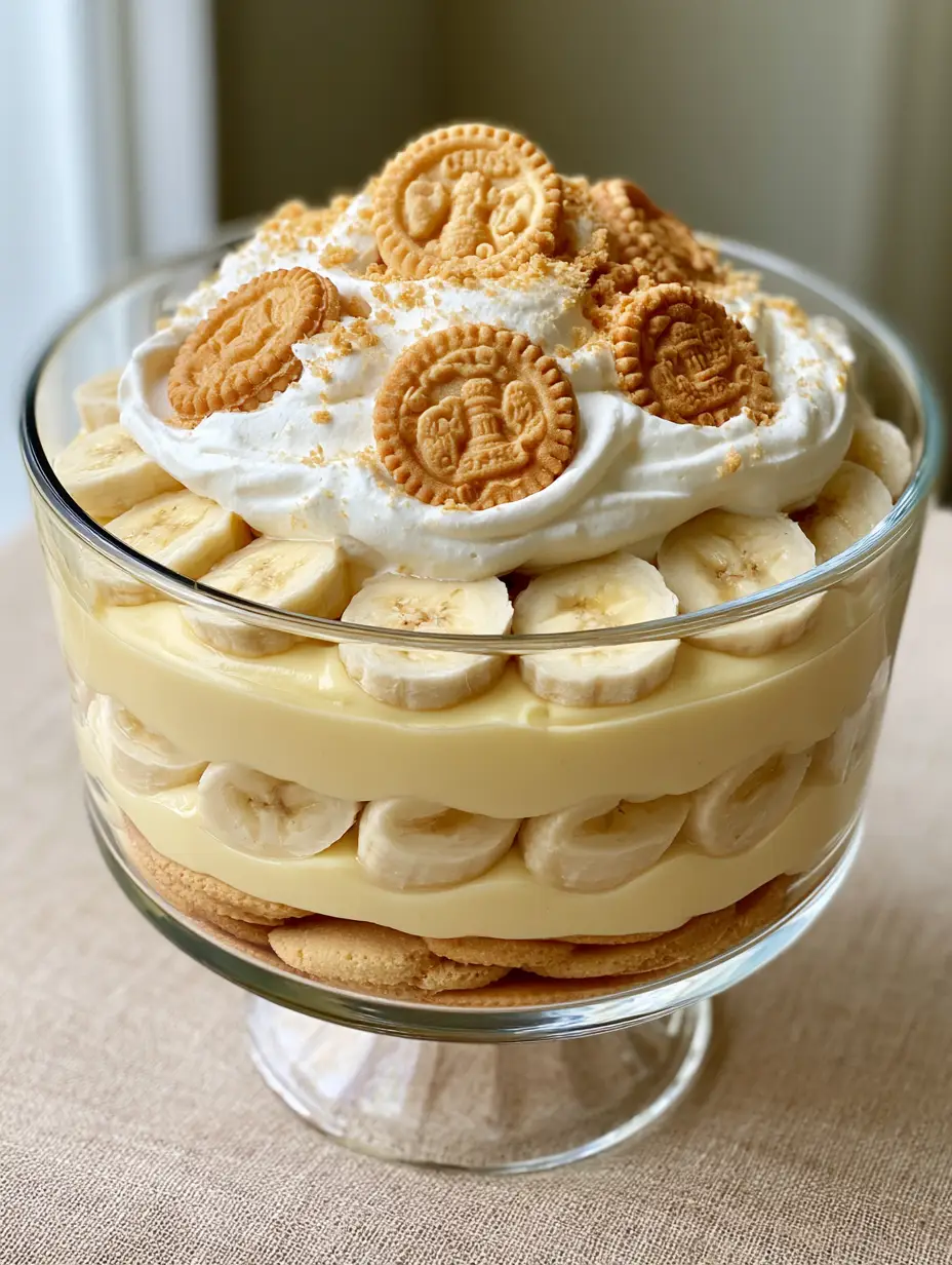 Close up of clean layers of pale yellow custard and ripe banana slices in a glass bowl. (banana pudding recipe)