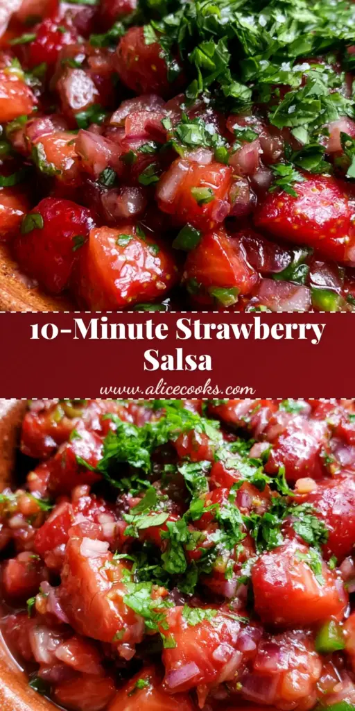 A vertical Pinterest pin showing a close-up of vibrant strawberry salsa with red onions and cilantro in a terracotta bowl.