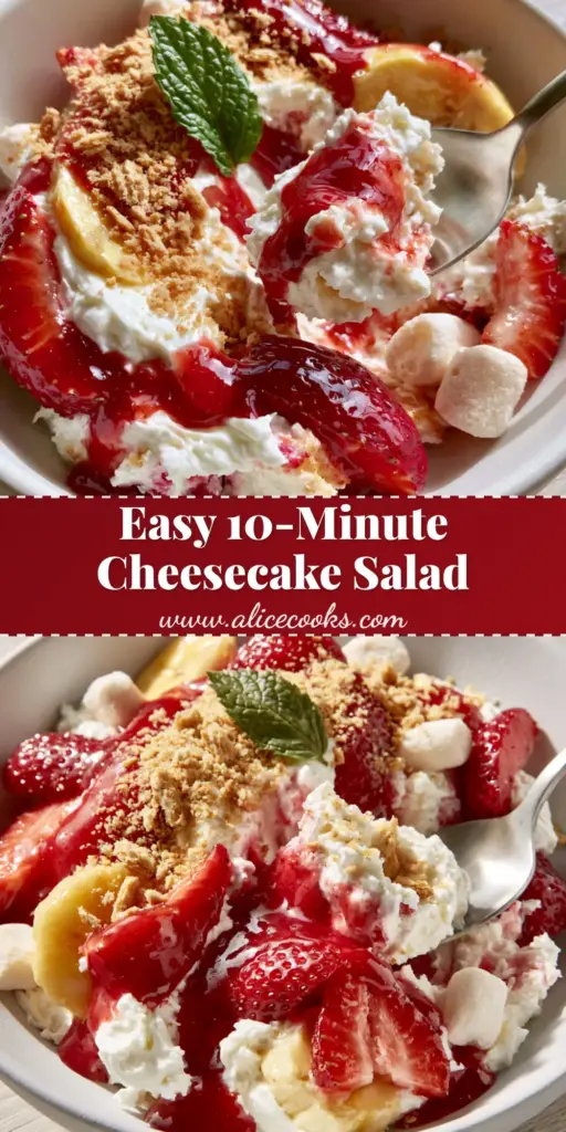 A close-up shot of Strawberry-Banana Cheesecake Salad showing a spoonful being lifted, revealing the creamy texture, fresh strawberries, and bananas.