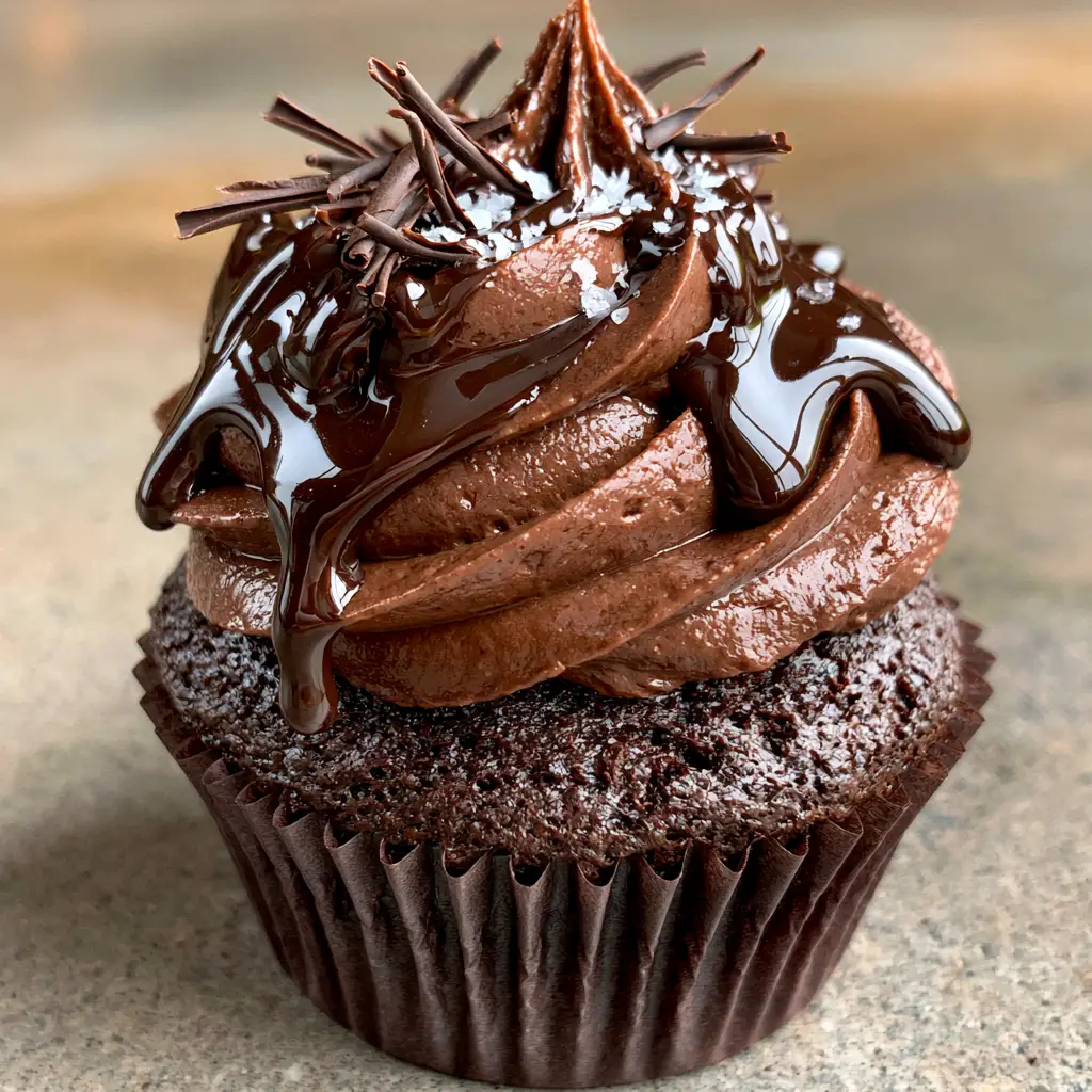 Moist Chocolate Cupcakes with Dark Chocolate Ganache and Sea Salt 1 Close up of glossy chocolate ganache dripping down a dark chocolate buttercream swirl with sea salt.