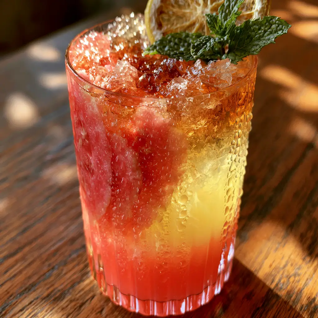 The three distinct color layers of a Guava White Tea Lemonade in soft afternoon sunlight.