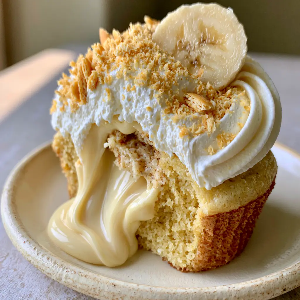 Close-up of the thick vanilla pastry cream filling inside a moist banana sponge cupcake.