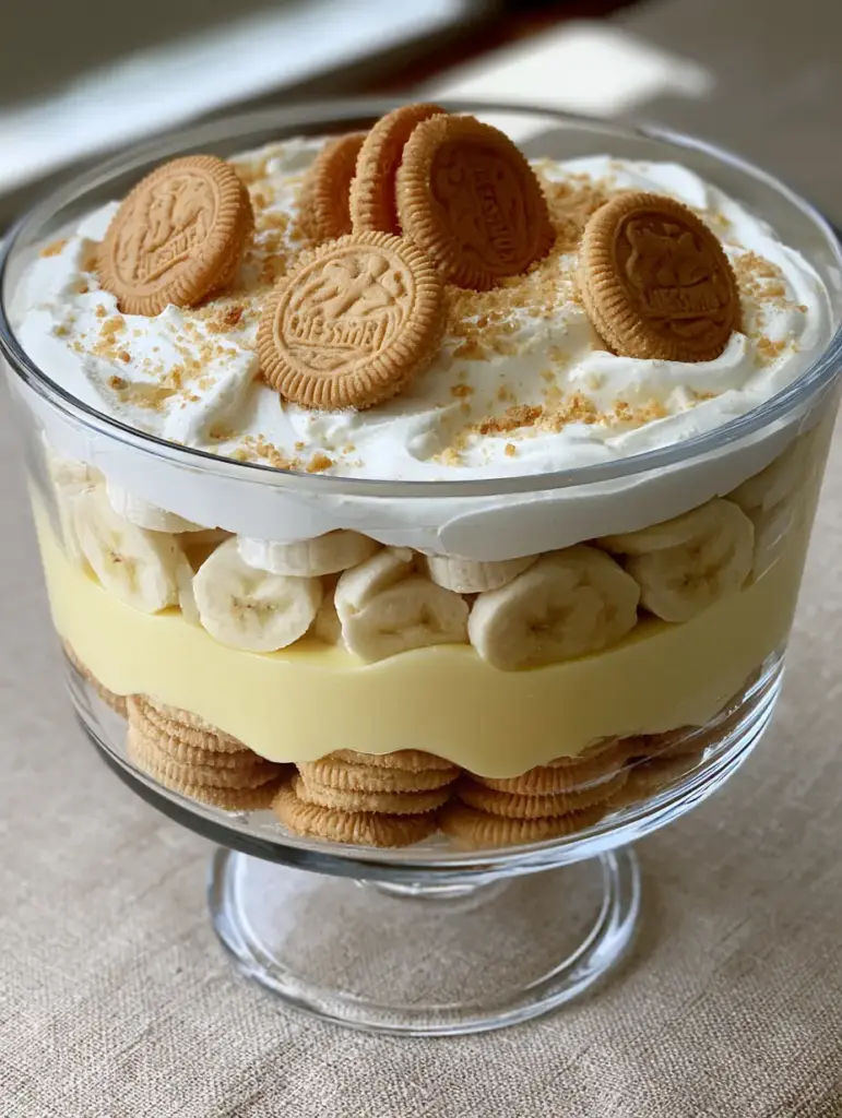 A top-down view of whipped cream topped with embossed Chessmen cookies and cookie crumbs.