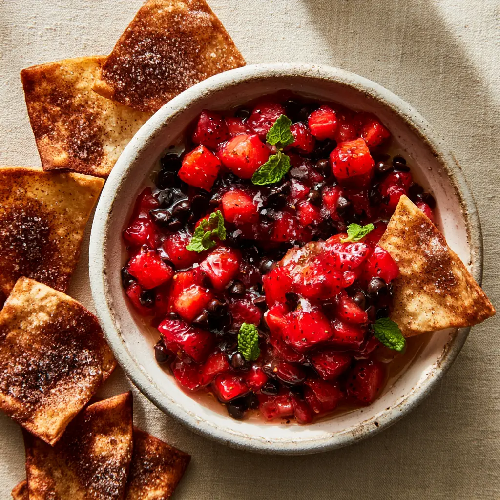 A chip scooping up Strawberry Chocolate Chips and Salsa showing the chunky texture and cinnamon sugar crystals.