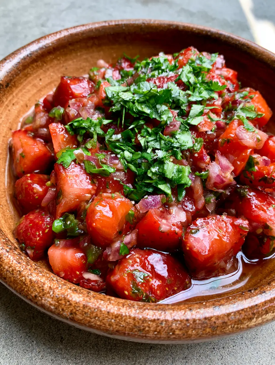 Extreme close-up of glistening diced strawberry salsa with minced red onion and lime glaze. (strawberry salsa)