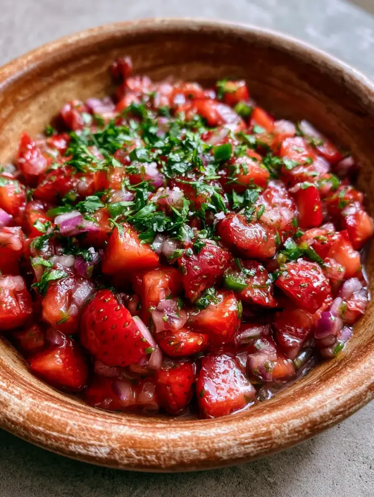 Overhead view of strawberry salsa in a rustic bowl on a concrete surface featuring cilantro and sea salt flakes.