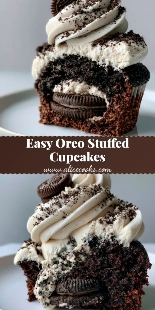 A tall gourmet Oreo cupcake with a thick swirled cookies and cream buttercream frosting, dusted with cookie crumbs and a mini Oreo on top.