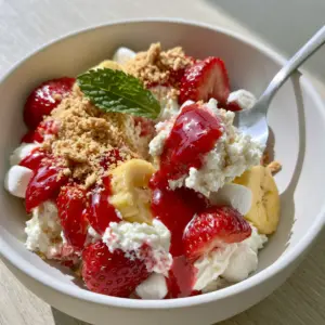 High-angle smartphone photo of Strawberry-Banana Cheesecake Salad in a white bowl on an oak table, garnished with glaze and mint.