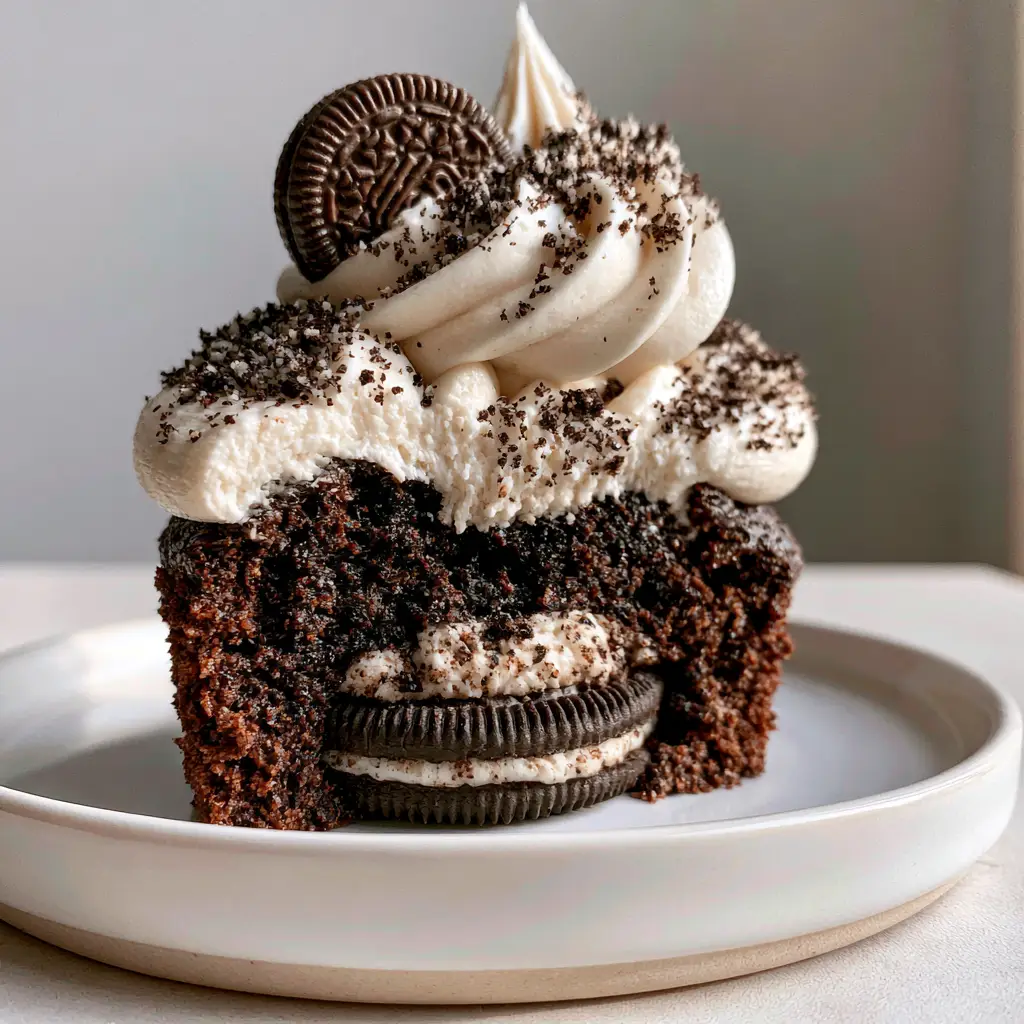 Close-up of Oreo cupcakes with swirled cookies and cream buttercream and dark chocolate cookie dust garnish.