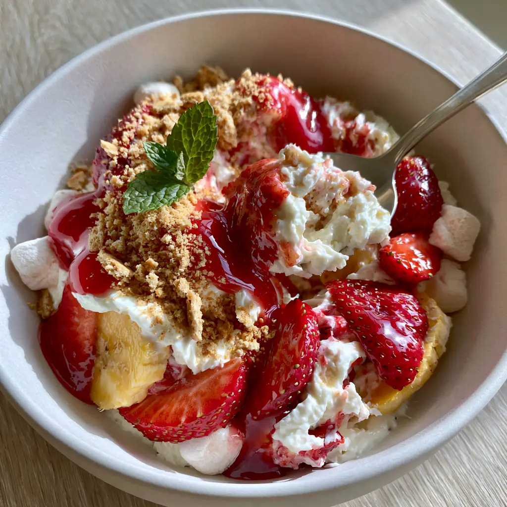 Detailed view of the velvety cream cheese base and glossy red strawberry glaze in the Strawberry-Banana Cheesecake Salad.