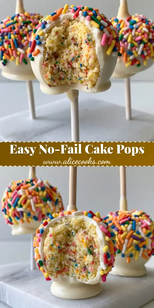 Funfetti Cake Pops: The Ultimate Professional Guide to Moist, Rainbow-Flecked Treats 4 Three gourmet funfetti cake pops standing upright on a minimalist white marble slab with a glossy white chocolate coating and rainbow sprinkles.