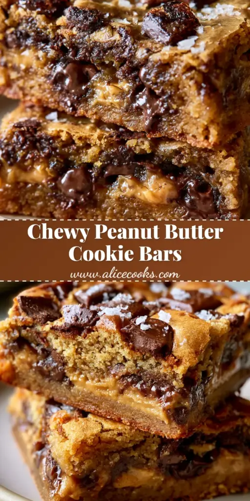A stack of thick chewy peanut butter chocolate chip cookie bars with gooey swirls and dark chocolate chunks on a neutral plate.