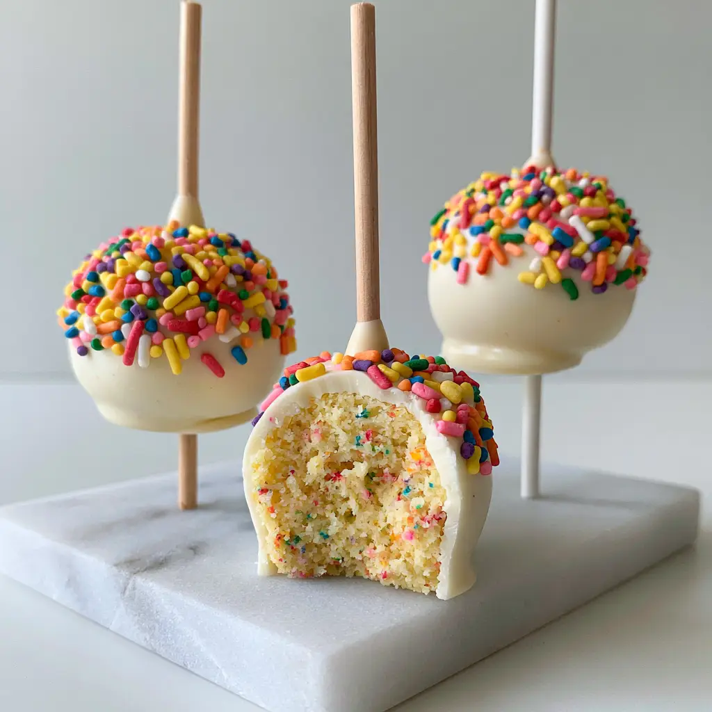 Funfetti Cake Pops: The Ultimate Professional Guide to Moist, Rainbow-Flecked Treats 2 A handheld smartphone photo of funfetti cake pops with one bitten open to show the moist yellow sprinkle cake interior.