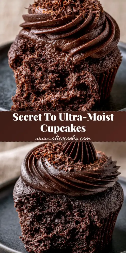 A tall vegan chocolate cupcake with a glossy dark chocolate swirl, topped with chocolate curls and cocoa powder. (vegan chocolate cupcakes)