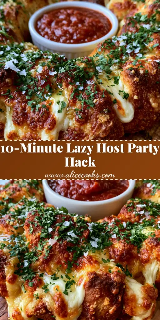 A close-up handheld smartphone photo of a golden-brown crispy pull-apart garlic cheese bread ring with stretchy mozzarella and marinara dip. (large party food ideas)