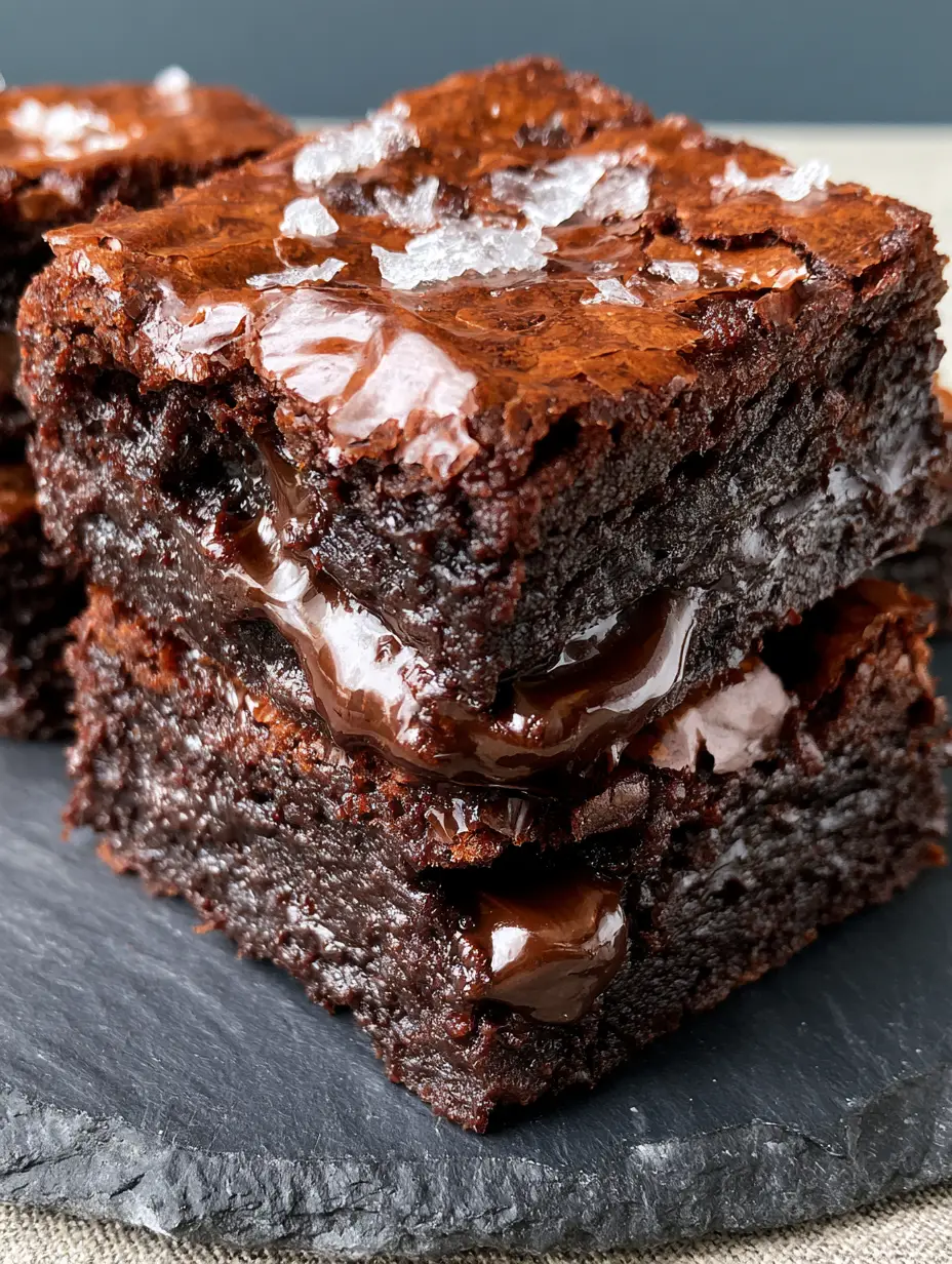 Extreme macro close-up of a stack of thick fudgy chocolate brownies showing gooey interior and crackled skin. (chewy brownie recipe)